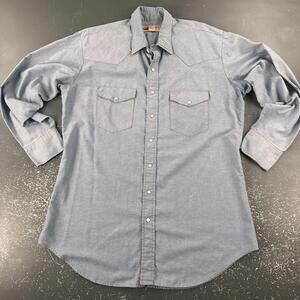 VTG Big Mac Shirt Mens XLT Baby Blue Contrast Stitch Pearl Snap Chambray USA EUC